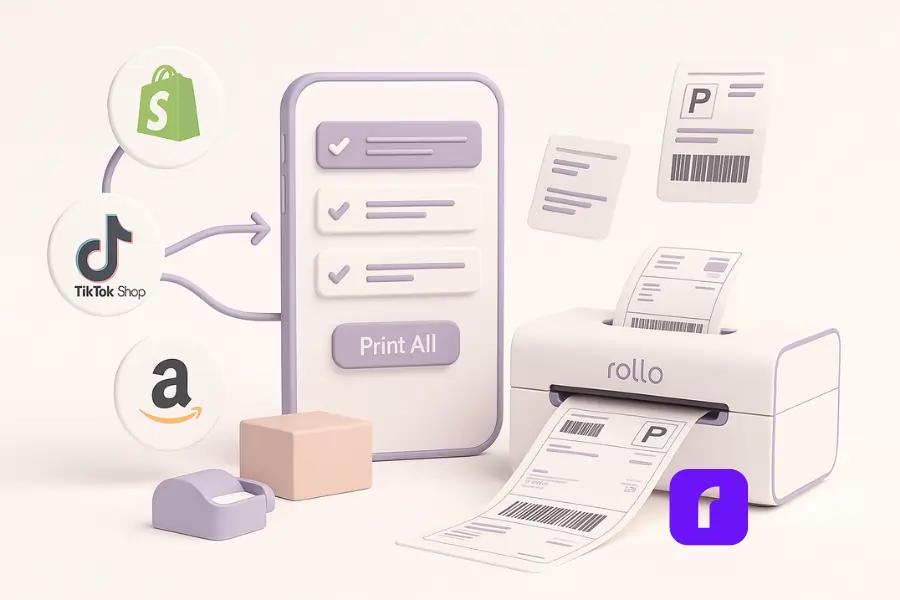 3D illustration of streamlined multi-channel inventory and order management with Rollo’s shipping label software. Shopify, TikTok Shop, and Amazon icons send connected arrows toward a smartphone displaying a batch order dashboard with a “Print All” button. Beside it, a Rollo wireless printer prints multiple shipping labels, with floating labels and sync icons emphasizing seamless order syncing and fulfillment. The clean, pastel-colored scene features soft lavenders, blush pinks, and taupe, reflecting efficient multi-store integration in a minimalist style.