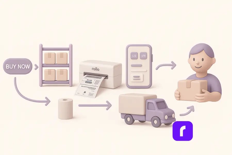 “Buy Now” button, followed by inventory shelves, a Rollo wireless printer printing shipping labels, a delivery truck, and a smiling customer receiving a package — connected by arrows to depict the seamless ecommerce fulfillment process.