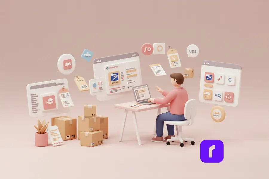 3D clay-style illustration of a seller using free shipping software at a desk, surrounded by floating icons for USPS, UPS, Shopify, and marketplace platforms. The scene features shipping boxes, digital panels, and automation symbols, visually representing how free shipping software like Rollo Ship streamlines multi-carrier order fulfillment for online sellers.