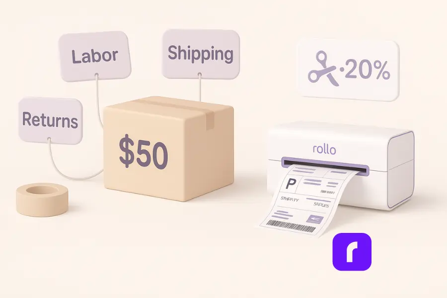 3D minimalist illustration showing a $50 ecommerce product box with floating cost tags labeled “Labor,” “Shipping,” and “Returns” pulling down on the box like anchors. On the right, a Rollo Wireless Printer prints a shipping label, visually slicing through the “Shipping” tag — symbolizing how Rollo helps reduce hidden ecommerce fulfillment costs. A nearby icon displays a 20% savings to highlight cost-cutting benefits.