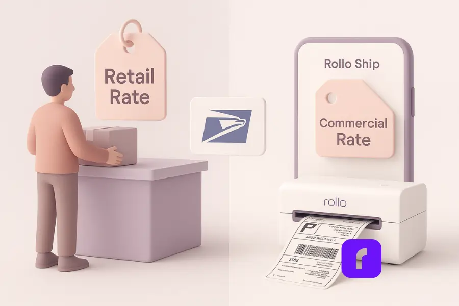 3D illustration comparing post office retail shipping rates to Rollo Ship commercial rates. On the left, a person hands a package over a pastel counter marked “Retail Rate” with a USPS logo floating above. On the right, the same package appears with a “Commercial Rate” tag next to a smartphone displaying the Rollo Ship app and a Rollo Wireless Printer printing a shipping label. The minimalist pastel design highlights cost savings for small businesses using Rollo Ship.