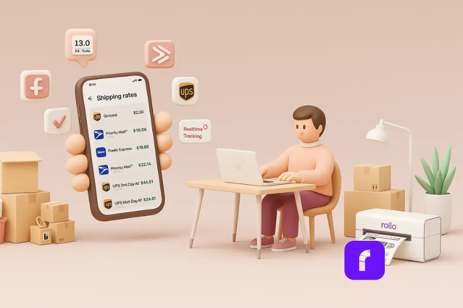 3D clay-style illustration of a small business owner using the Rollo Ship mobile app, with a smartphone displaying real-time shipping rates from UPS, USPS, and FedEx. The character is seated at a desk next to a wireless Rollo printer actively printing a shipping label. The scene includes cardboard boxes, floating app icons, and a soft pastel background, representing mobile-powered eCommerce fulfillment.