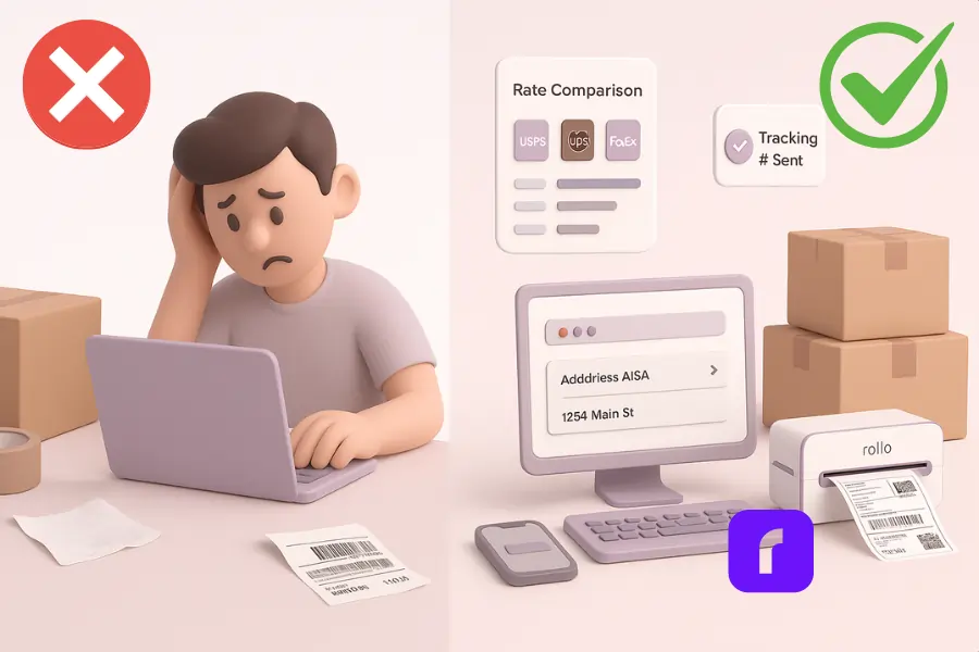 3D-rendered digital illustration split into two contrasting sides. On the left, a frustrated small business owner sits at a cluttered desk, manually entering shipping details on a laptop with multiple carrier tabs open. Crumpled paper, packing tape, and a smudged inkjet label add to the chaos. On the right, the same person appears calm and efficient, using a modern desktop dashboard to compare shipping rates (USPS, UPS, FedEx), auto-fill addresses, and print crisp labels via a Rollo Wireless Printer. Nearby, neatly stacked boxes and a floating tracking notification panel convey streamlined, reliable shipping.