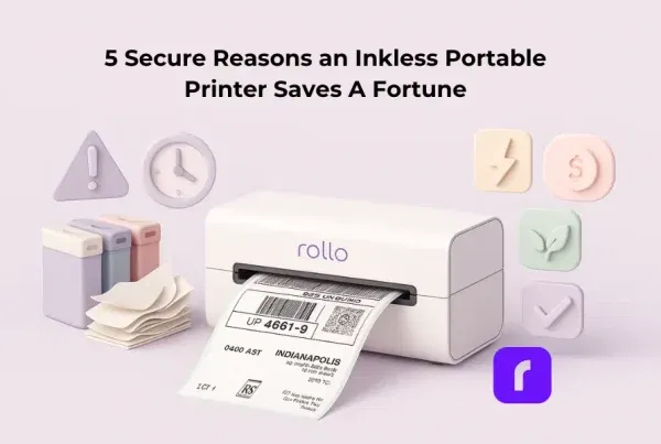 Minimalist 3D digital illustration of a Rollo Wireless Printer printing crisp labels, contrasted with chaotic ink cartridges and paper jams on one side, and pastel icons for speed, savings, eco-friendly, and reliability on the other. Clean, modern design with soft pastel tones and balanced composition, used as a featured blog image on why inkless portable printers save money and stress.