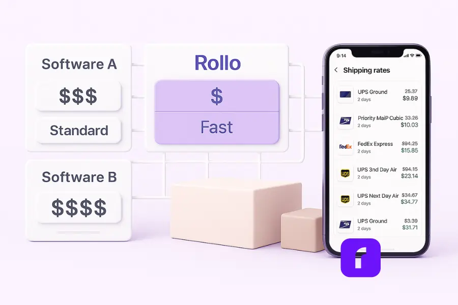 3D illustration of a side-by-side shipping software comparison board with floating panels for Software A, Software B, and Rollo. Rollo is highlighted as the cost-effective, fast option, while Software A and B show higher costs. A smartphone displays the Rollo Ship app with real shipping rates from UPS, USPS, and FedEx. Minimalist pastel design with boxes and soft shadows.