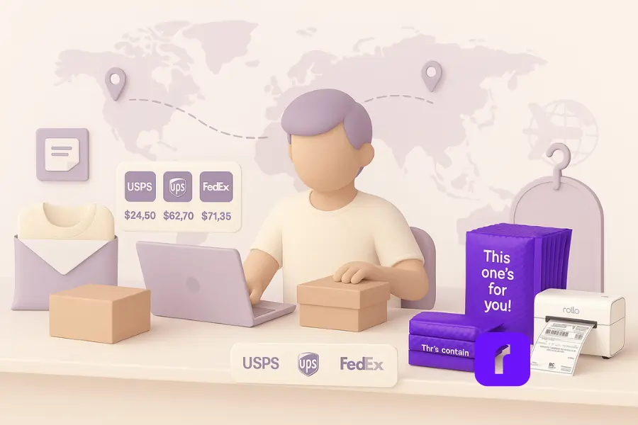 Minimalist 3D illustration of an online seller at a home-office desk comparing international shipping rates on a laptop. A stack of purple poly mailers and a Rollo Wireless Printer printing a 4×6 label sit beside the seller, with a world map and flight paths in the background symbolizing global deliveries. USPS, UPS, and FedEx rates are shown on a floating panel.