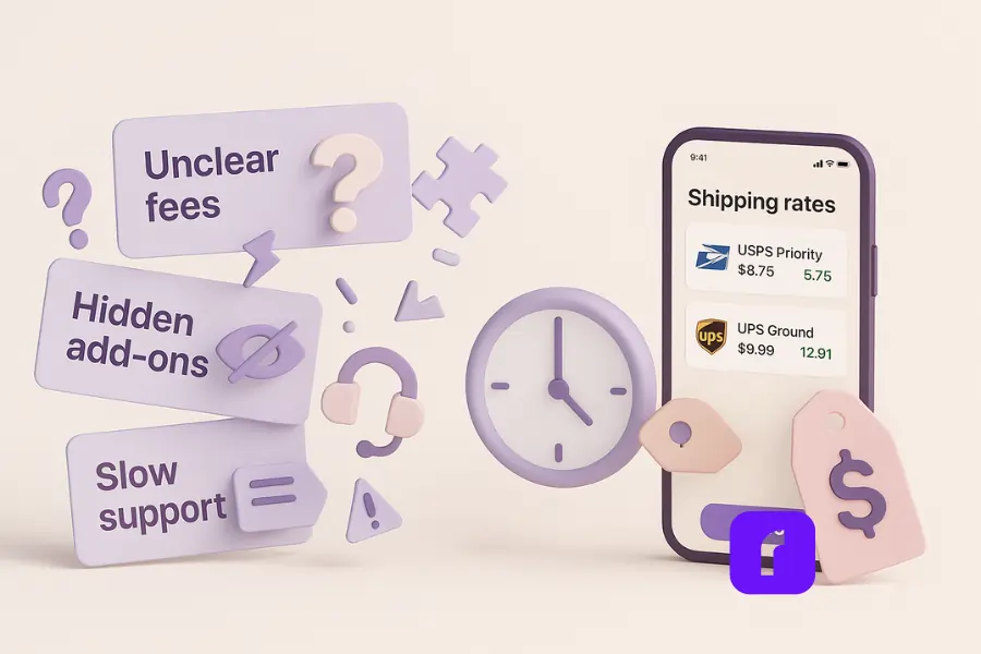 3D illustration comparing shipping pitfalls versus simplicity. On the left, cluttered pastel panels show pain points like unclear fees, hidden add-ons, and slow support with broken icons. On the right, a clean smartphone screen running Rollo Ship displays clear USPS and UPS discounted rates, alongside simple clock and dollar sign icons, symbolizing time and cost savings.
