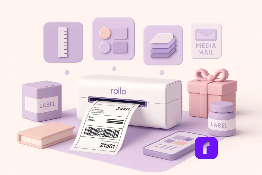 A minimalist 3D illustration of a Rollo Wireless Printer on a clean desk printing a custom shipping label, surrounded by floating pastel-colored UI panels showing cost-saving icons like a ruler, color palette, stacked sheets, and a clock. Small packaging items including a book, cosmetic jar, and gift box sit nearby, with a subtle USPS Media Mail icon in the background, symbolizing cost considerations for custom label printing.