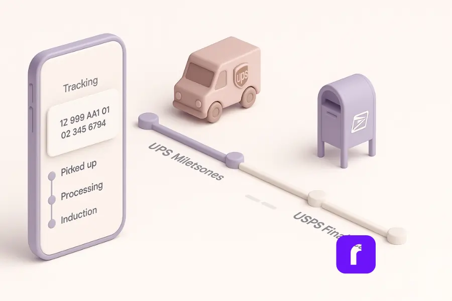 Minimalist 3D pastel illustration showing what is UPS Mail Innovations tracking: a smartphone displays tracking updates (pickup, processing, induction), a UPS truck represents milestones, a USPS mailbox marks the final scan, and a progress bar with a visible gap highlights the handoff delay between UPS and USPS.