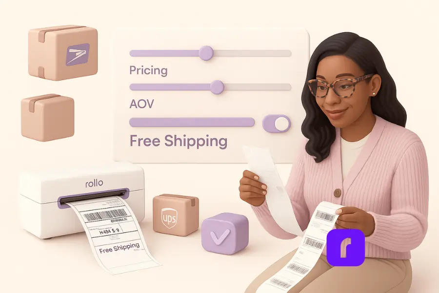3D-rendered digital illustration of an African-American woman sitting confidently beside a Rollo Wireless Printer, reviewing a long strip of printed shipping labels. She wears a pastel pink oversized blazer and glasses, surrounded by minimalist packaging boxes and floating UI panels showing discounted USPS and UPS rates. The scene reflects a calm, efficient e-commerce setup with soft pastel tones and modern small business tools.