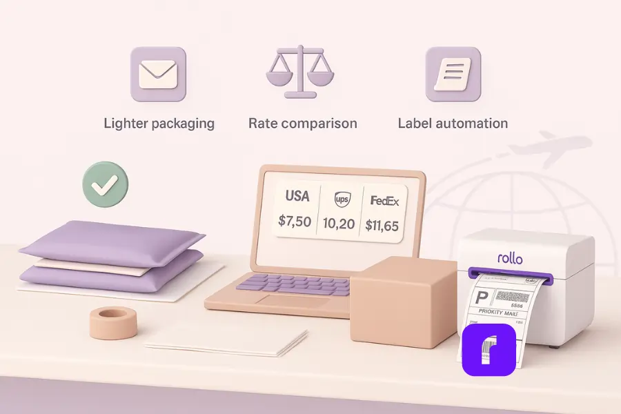 Minimalist 3D illustration of a small business shipping station. A poly mailer with a green checkmark is shown beside a bulky box, symbolizing lighter packaging choice. A laptop displays a USPS, UPS, and FedEx rate comparison, while a Rollo Wireless Printer prints a 4×6 label. Floating icons highlight cost-saving strategies: lighter packaging, rate comparison, and label automation.