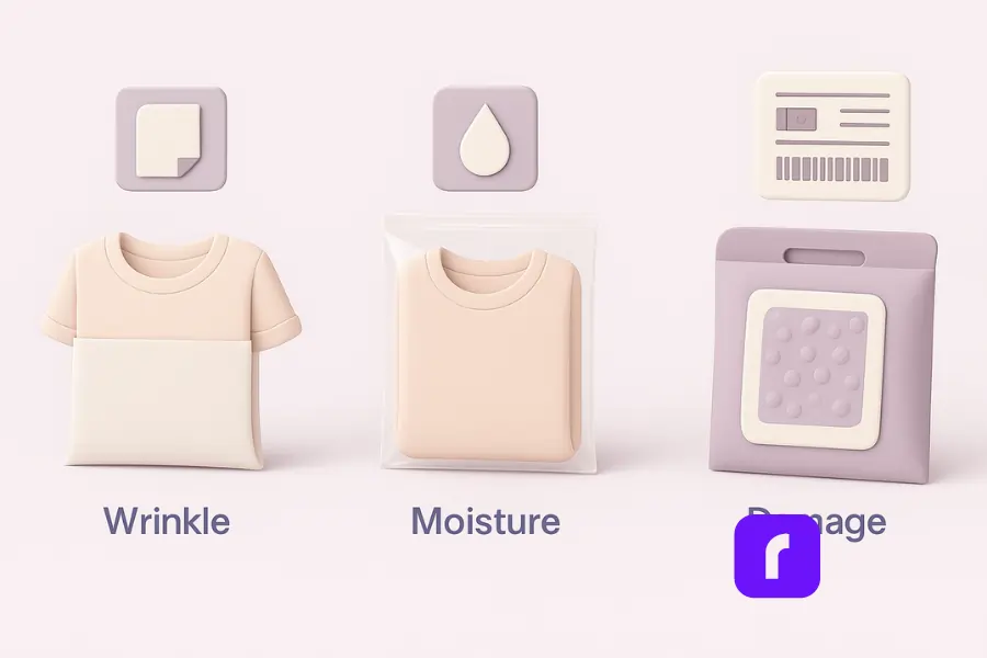 Minimalist 3D illustration showing how to ship clothes without wrinkles or damage — step sequence of a folded shirt with tissue paper for wrinkle prevention, shirt sealed in a clear bag for moisture protection, and packed inside padded mailer with bubble wrap for damage prevention, with clean icons and shipping label panel.