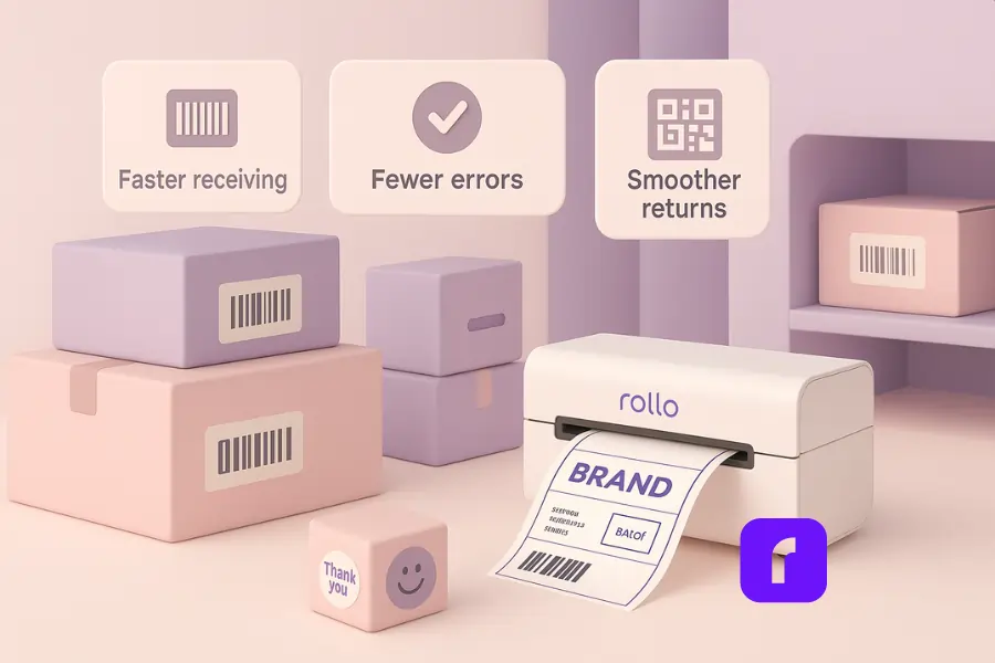 Minimalist 3D illustration of a modern warehouse with pastel-colored stacked boxes labeled with barcodes and SKUs, a Rollo Wireless Printer printing branded labels, and floating UI panels highlighting faster receiving, reduced packing errors, and smoother returns. A small customer package with a personal sticker represents memorable unboxing experiences.