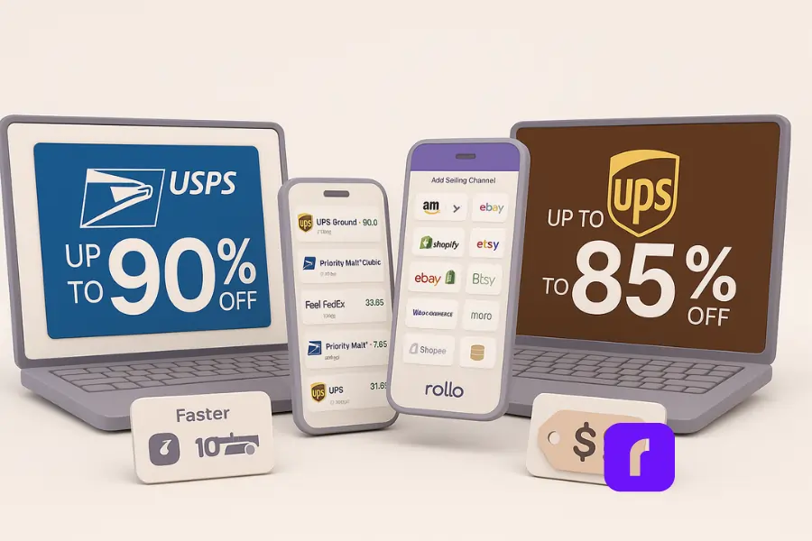 3D illustration of Rollo Ship highlighting discounted shipping rates, with two laptops showing USPS up to 90% off and UPS up to 85% off, and two smartphones in the center displaying carrier rates and marketplace integrations like Amazon, eBay, and Shopify. Minimalist pastel design with soft shadows and clean UI panels emphasizing cost savings and multi-channel management.