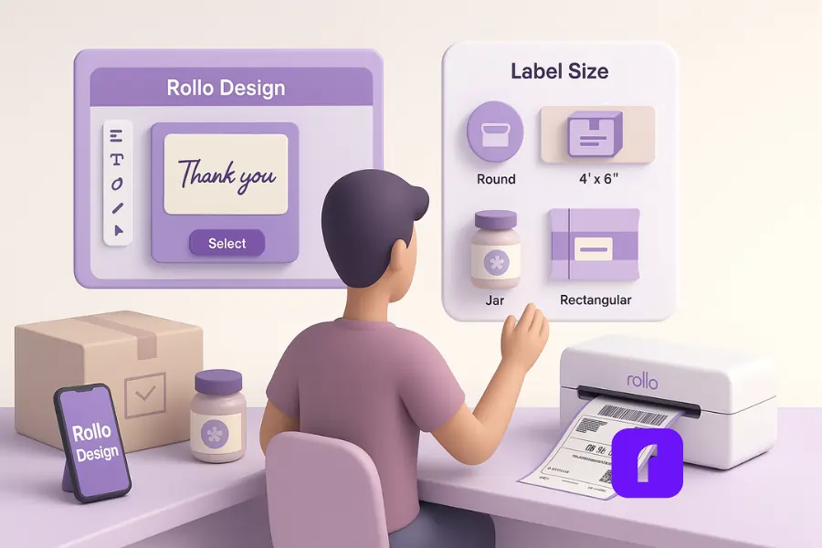 3D illustration of a small business owner at a pastel desk using the Rollo Wireless Printer and Rollo Design App dashboard to choose the right label size and format for custom packaging. Floating UI panels display options for round, rectangular, and band labels with sample cosmetic jars, pouches, and boxes.