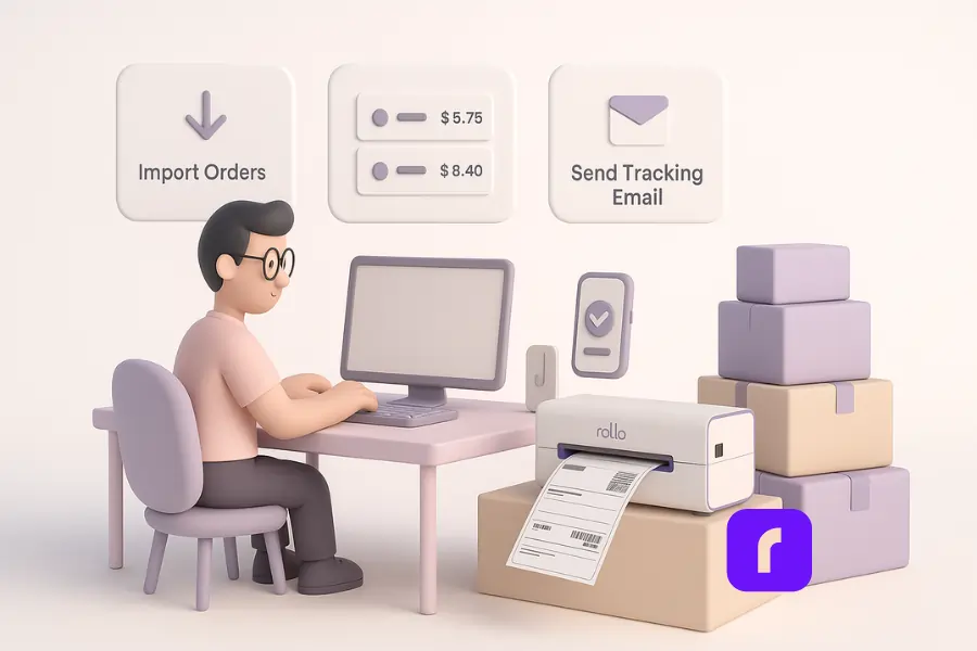 Minimalist 3D pastel illustration of a small business desk where a Rollo Wireless Printer automatically prints shipping labels. Floating UI panels show order imports, carrier rate comparisons, and tracking emails. Neatly stacked lavender and beige packages symbolize streamlined, automated eCommerce shipping workflows replacing slow manual processes.