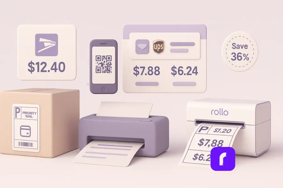 3D illustration comparing USPS vs. Rollo Ship label cost savings for small businesses, featuring side-by-side parcel boxes and pricing panels. A USPS Priority Mail package is shown with a $12.40 retail rate, while Rollo Ship displays discounted rates of $7.88 for Priority Mail and $6.24 for Ground Advantage. The scene includes a Rollo wireless printer, 4×6 shipping labels, a floating savings badge ("Save 36%"), and a minimalist shipping dashboard with USPS and UPS icons, all styled in a soft pastel, modern 3D design.