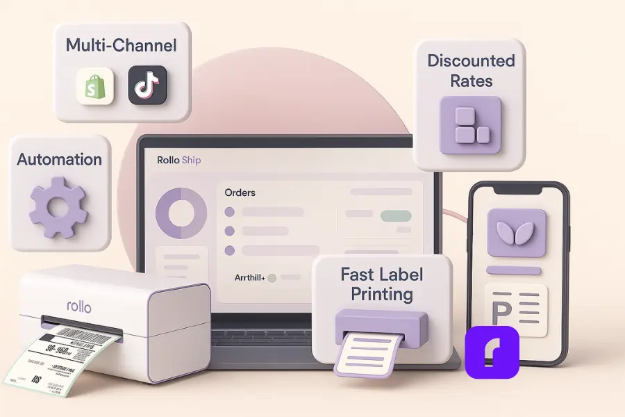 3D illustration of the best shipping software shown on a laptop and phone running Rollo Ship, surrounded by floating panels for multi-channel integrations, discounted carrier rates, fast label printing, automation rules, and inventory tools, with a Rollo wireless printer printing labels in a clean pastel design.