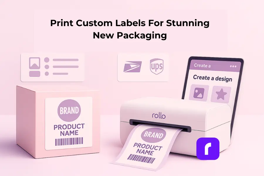 Minimalist 3D illustration of a Rollo Wireless Printer printing custom labels beside a pastel product box with a bold label, floating UI panels with USPS and UPS icons, and clean space above for the title ‘Print Custom Labels For Stunning New Packaging.’