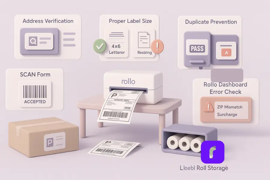 3D illustration of a USPS label quality control checklist, designed in a soft pastel color palette with a minimalist layout. The scene includes seven key steps: address verification with a magnifying glass icon, proper label size comparison (4×6 thermal vs. letter paper), barcode clarity pass/fail, duplicate label alert, SCAN form labeled 'Accepted,' Rollo dashboard error check showing ZIP mismatch and surcharge, and neatly stored thermal label rolls in a drawer. A Rollo wireless printer prints a 4×6 label on a table, surrounded by packages and UI panels, highlighting best practices for preventing USPS label errors.