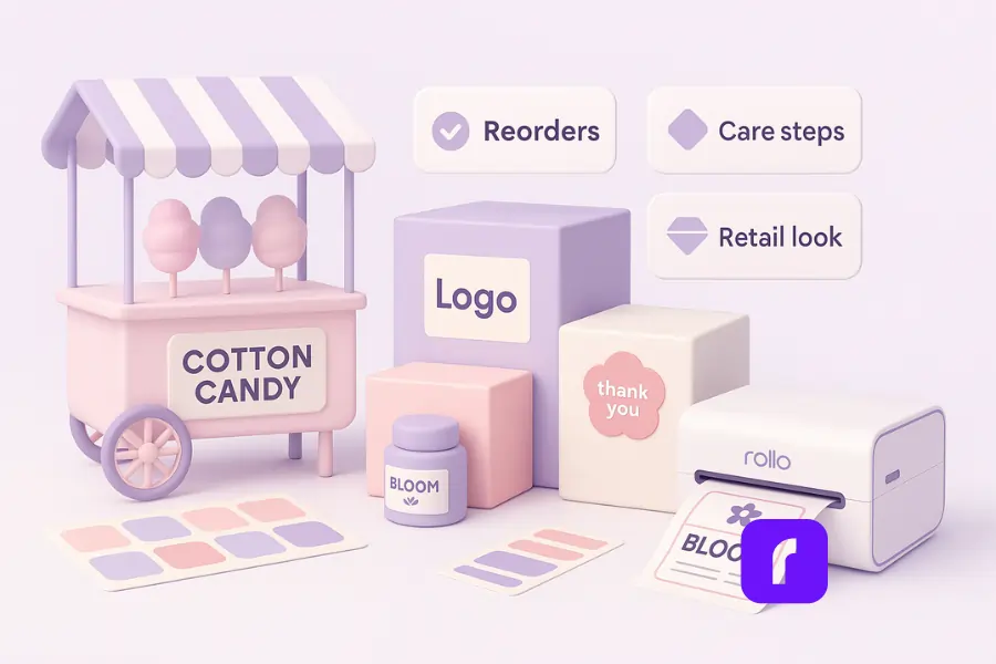 Minimalist 3D illustration of a pastel pink cotton candy cart and boutique product boxes decorated with colorful custom labels, symbolizing how small businesses use labels to elevate branding and customer experience. Floating checklist panels highlight benefits like easy reorders, clear care instructions, and premium retail presentation, with a Rollo Wireless Printer and sticker sheets reinforcing the theme of custom label printing.