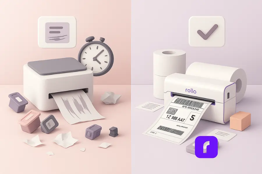 3D illustration comparing traditional ink printers with cluttered cartridges and wasted paper versus the Rollo Wireless Printer with clean inkless thermal labels, symbolizing cost savings and efficiency.