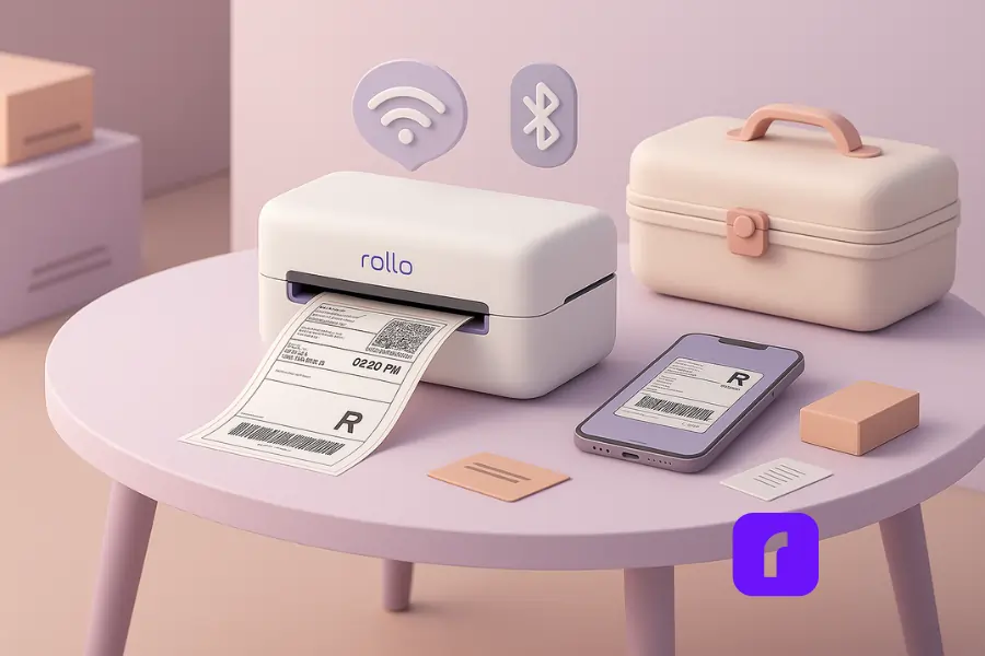 Minimalist 3D illustration of a Rollo Wireless Label Printer on a pastel portable table at a pop-up market, printing a shipping label from a smartphone. A travel case and scattered packing supplies highlight portability, while floating Wi-Fi and Bluetooth icons symbolize seamless wireless connectivity for small business owners.