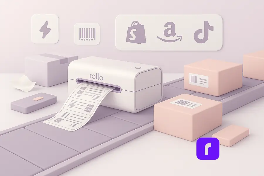 A minimalist 3D illustration of a warehouse packer’s workstation featuring a Rollo Wireless Printer rapidly printing crisp shipping labels onto pastel-colored boxes on a conveyor belt. Floating icons—including a lightning bolt for speed, a barcode for scannability, and Shopify, Amazon, and TikTok Shop logos—symbolize fast, accurate, and connected order fulfillment. The pastel palette and clean geometric design emphasize workflow efficiency and modern e-commerce shipping solutions.