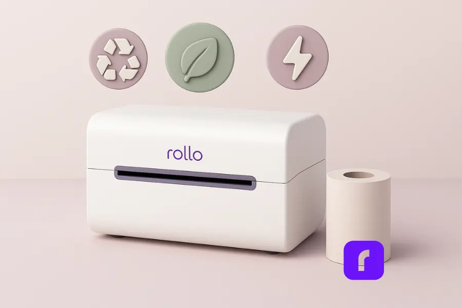 Minimalist 3D illustration of a Rollo Wireless Printer on a pastel surface with a thermal paper roll beside it. Above the printer, eco-friendly icons—a recycling symbol, a green leaf, and a lightning bolt—float to represent sustainability, low maintenance, and energy efficiency.