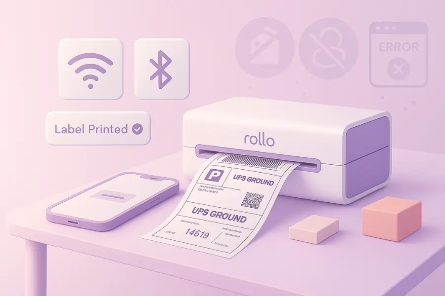 Minimalist 3D illustration of a Rollo Wireless Printer paired with a smartphone, printing a crisp UPS Ground shipping label. Floating UI panels show Bluetooth/Wi-Fi icons and a ‘Label Printed ✓’ confirmation, while the clean pastel background symbolizes stress-free wireless setup and reliable thermal printing.