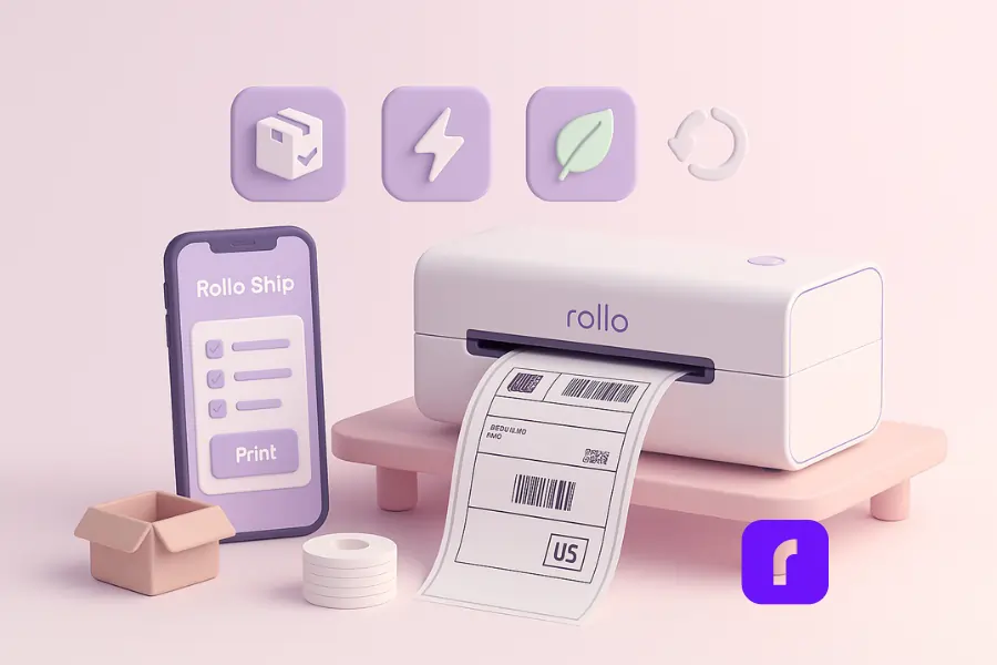 Minimalist 3D illustration of a Rollo inkless portable printer beside eco-friendly shipping labels, connected to the Rollo Ship app on a smartphone, with floating pastel icons for batch orders, fast printing, eco-friendly use, and easy reloads, symbolizing a seamless order-to-label shipping workflow.