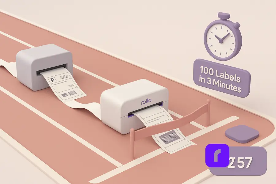 3D illustration of a metaphorical race between printers, showing why Rollo Ship wins in speed and savings. The scene features a track-and-field layout with a generic inkjet printer on the left and a Rollo Wireless Thermal Printer on the right. Each printer emits a shipping label acting as a race track. The Rollo printer’s label crosses the finish line ribbon first, symbolizing faster performance. A floating stopwatch near the finish line displays “2:57,” with text reading “100 Labels in 3 Minutes,” highlighting Rollo’s superior speed and efficiency in shipping label workflows.