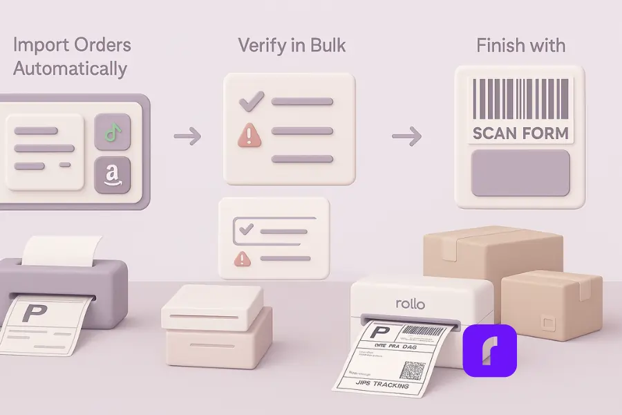 3D illustration of an automated 4-step workflow for printing 100 shipping labels in 3 minutes, styled in soft pastel colors with a minimalist design. The image shows a sequence from left to right: importing orders automatically from platforms like Shopify, TikTok, and Amazon; bulk verification with checklist icons; high-speed batch printing using a Rollo wireless thermal printer; and finalizing with a SCAN form and labeled parcels. Clean UI panels, shipping labels, and boxes emphasize speed, accuracy, and automation in USPS label printing.