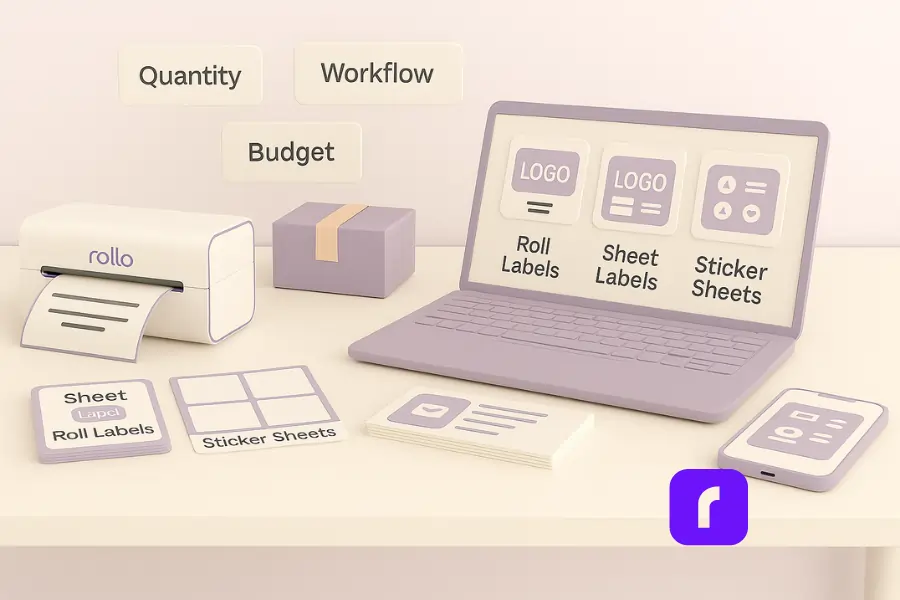 3D illustration of a Rollo Wireless Label Printer on a minimalist desk setup, printing a clean shipping label with pastel UI panels and packaging materials, symbolizing fast and organized e-commerce shipping solutions.