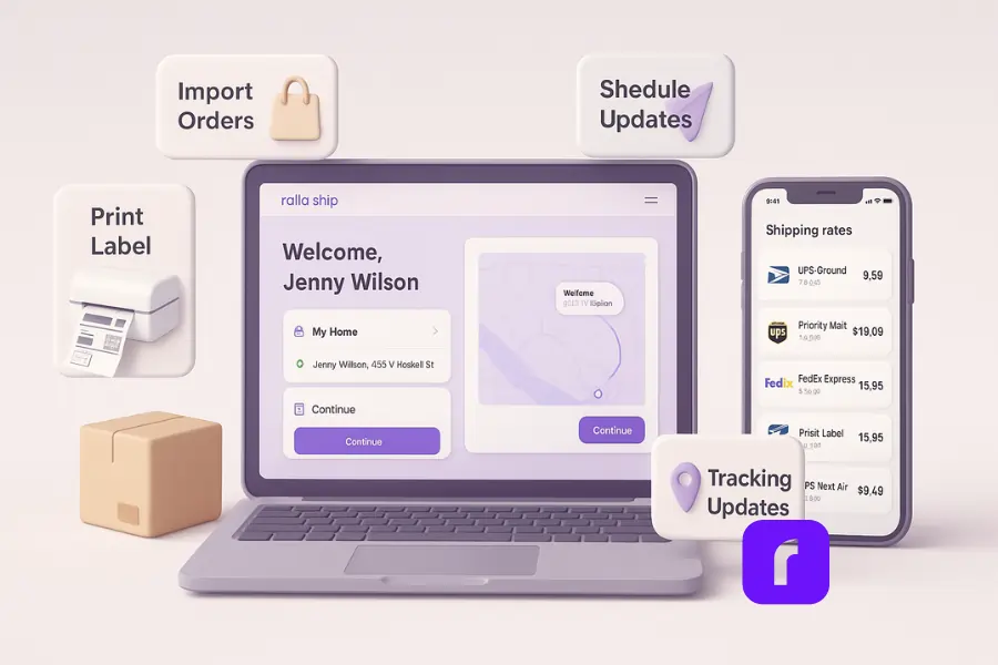 3D illustration of a mission control dashboard for e-commerce shipping software, with a laptop and phone displaying Rollo Ship. Floating panels around the devices highlight importing orders, comparing rates, printing labels, scheduling pickups, and tracking updates. Minimalist pastel design with soft shadows and clean UI elements showing UPS, USPS, and FedEx rates.