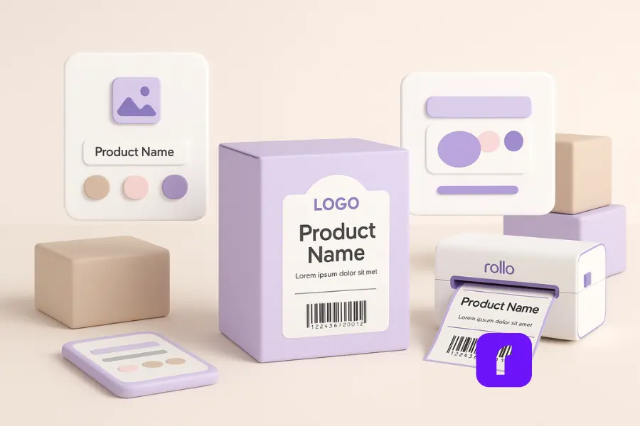 Minimalist 3D illustration of a pastel-colored product box with a bold custom label featuring a logo, barcode, and product details. Floating design panels show label editing tools like logo upload and color swatches, while a Rollo Wireless Printer outputs fresh labels. The clean pastel palette with soft purples, whites, and taupe highlights how custom labels transform plain packaging into polished, branded products.