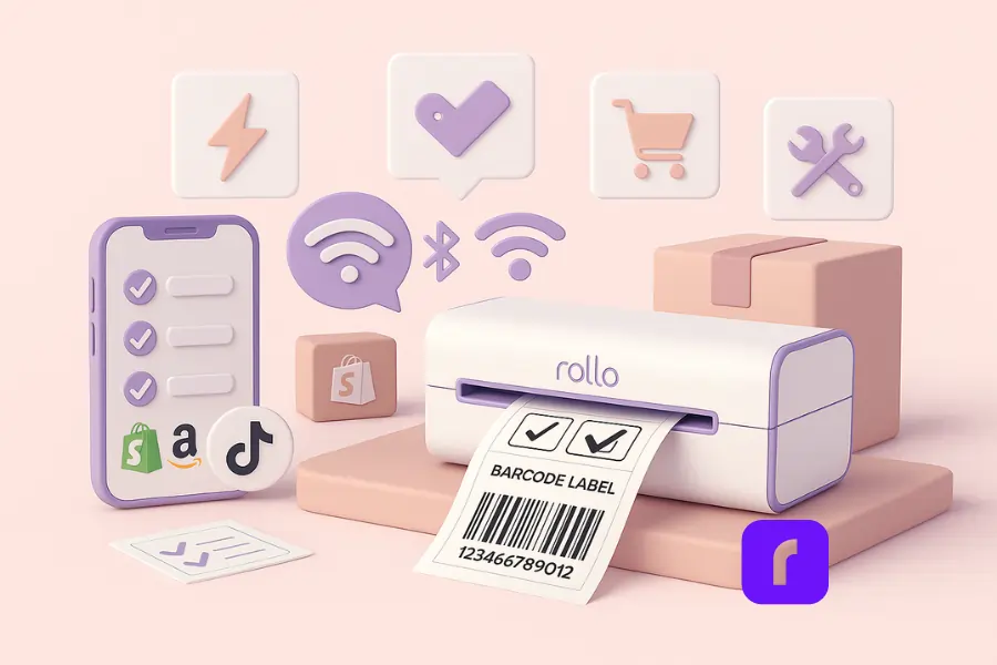 Minimalist 3D illustration of a portable Rollo Wireless Printer connected to a smartphone via Bluetooth/Wi-Fi, printing a crisp barcode label. Floating checklist icons represent speed, connectivity, platforms, durability, and ergonomics, alongside Shopify, Amazon, and TikTok logos. Rendered in soft pastel colors with clean geometric shapes, ample negative space, and a modern digital style.