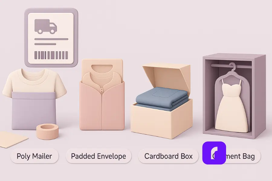 Minimalist 3D illustration of best packaging for shipping clothes — poly mailer with folded t-shirt, padded envelope with garment, cardboard box with stacked jeans, and garment bag inside wardrobe box with dress, labeled with clean tags.