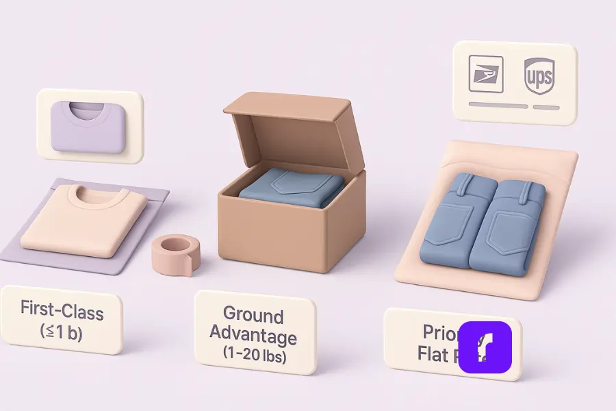 Minimalist 3D illustration showing the best way to ship clothes by weight — poly mailer with shirt labeled First-Class (≤1 lb), small box with jeans labeled Ground Advantage (1–20 lbs), and padded flat rate envelope with two jeans labeled Priority Flat Rate, with floating USPS and UPS rate panel.