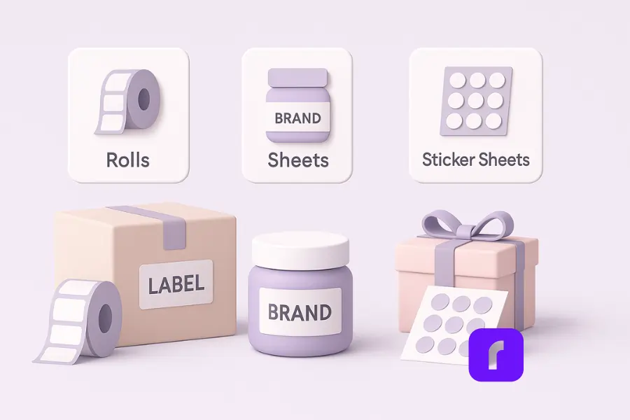A minimalist 3D digital illustration in soft pastel colors showing three custom label formats—rolls, sheets, and sticker sheets—arranged beside packaging examples including a shipping box, a cosmetic jar, and a small gift box. Floating UI panels highlight use cases for shipping, product packaging, and promotional inserts, with a Rollo Wireless Printer included for context. The clean design features smooth geometric shapes, matte surfaces, and ample negative space for a modern, approachable look.