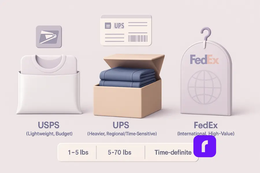 Minimalist 3D illustration comparing best carriers for shipping clothes — USPS poly mailer for lightweight budget shirts, UPS box with stacked jeans for heavier regional shipments, and FedEx garment bag with globe icon for international high-value items, with floating chart showing delivery speeds and weight ranges.
