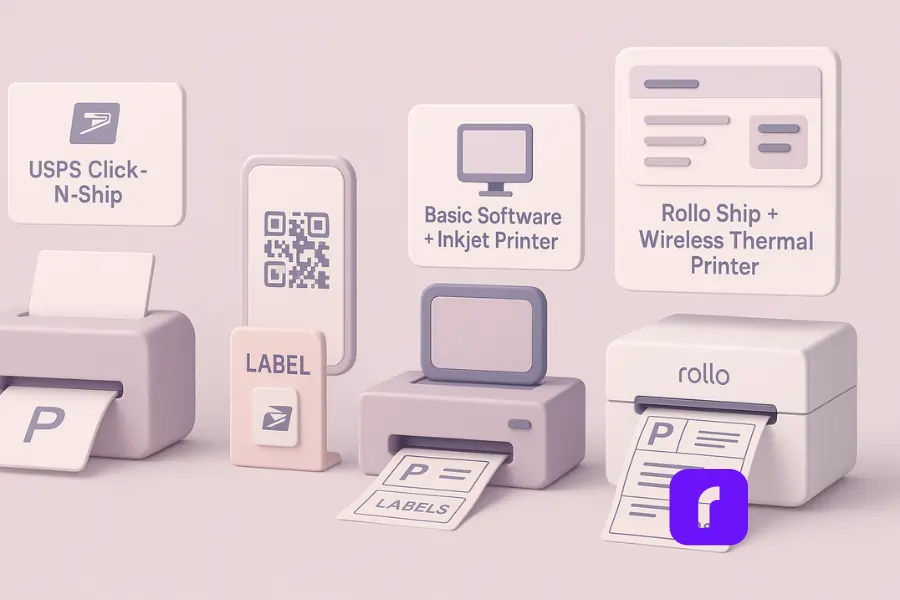 3D illustration comparing USPS label printing methods from basic to professional, featuring a left-to-right progression. The image includes a paper printer for USPS Click-N-Ship, a smartphone displaying a QR code for Label Broker, an inkjet printer with stacked label sheets for basic software setups, and a Rollo wireless thermal printer connected to a clean shipping dashboard. The scene uses a soft pastel color palette and minimalist design to highlight increasing levels of speed, automation, and professionalism in USPS label printing.