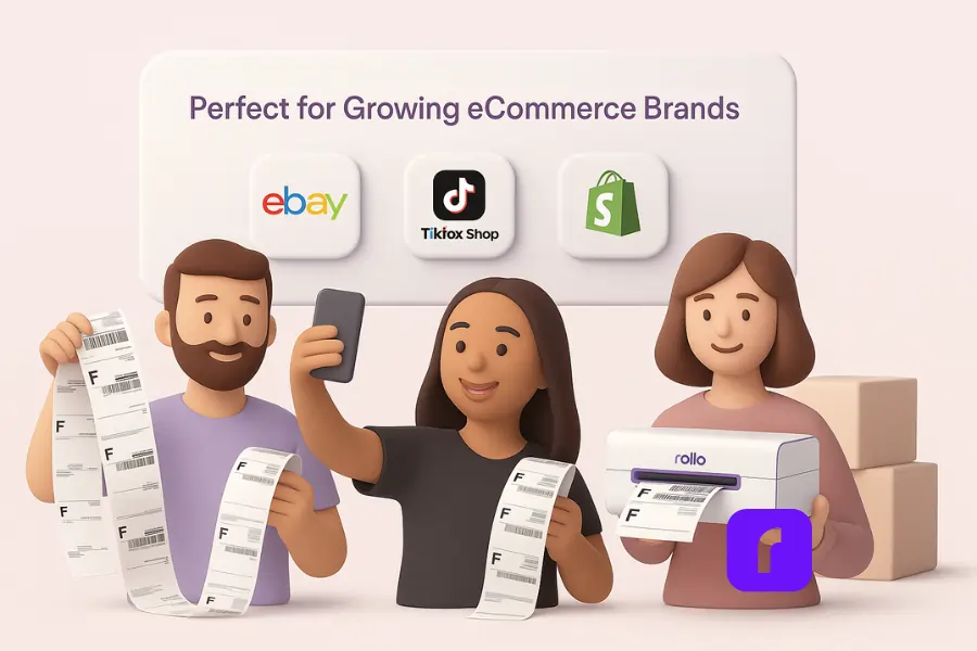 A 3D-rendered digital illustration featuring a Rollo Wireless Printer printing a shipping label, set beside a floating eBay logo. The scene highlights a clean workspace designed in soft pastel tones with stylized shipping elements, representing streamlined order fulfillment for eBay sellers using Rollo Ship.