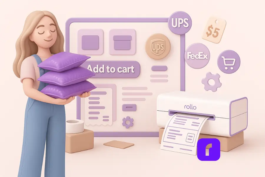 3D illustration of a small business owner holding purple bubble mailers in front of a pastel eCommerce dashboard with a Rollo Wireless Printer, showcasing the convenience and savings of using free shipping platforms.
