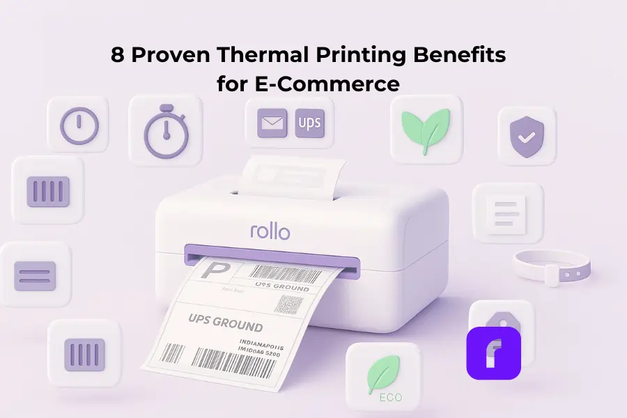Minimalist 3D illustration of a Rollo Wireless Thermal Printer printing a 4×6 shipping label, surrounded by floating icons symbolizing eight benefits of thermal printing—speed, cost savings, eco-friendliness, durability, barcodes, receipts, wristbands, and product tags—with the article title “8 Proven Thermal Printing Benefits for E-Commerce” displayed at the top in bold pastel typography.