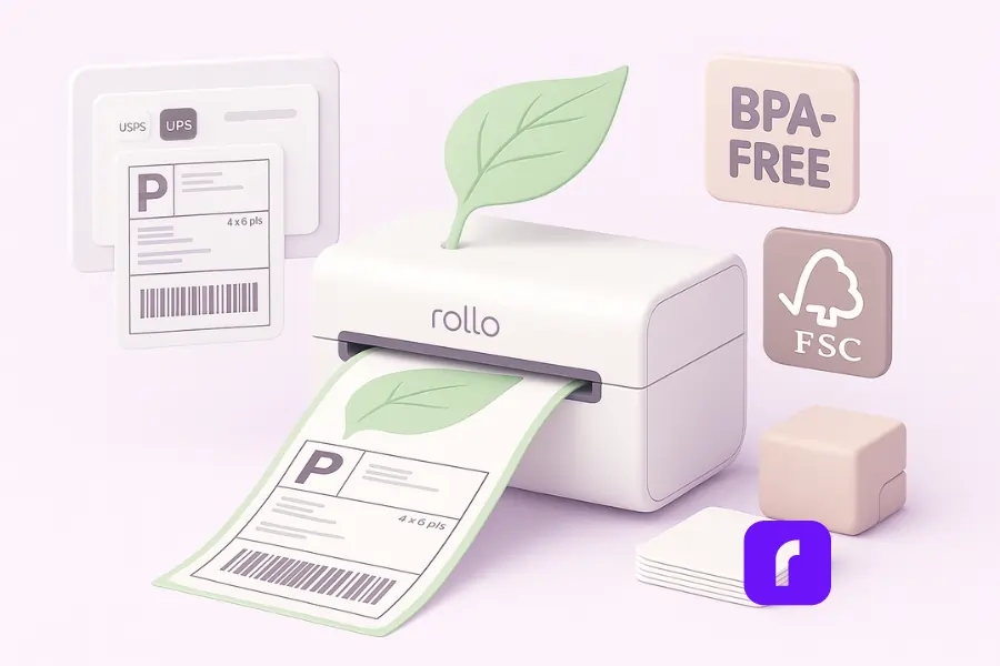 Minimalist 3D illustration of a Rollo Wireless Printer producing eco-friendly 4×6 shipping labels that morph into green leaves, with BPA-Free and FSC-certified icons, pastel colors, and a floating USPS/UPS dashboard panel.