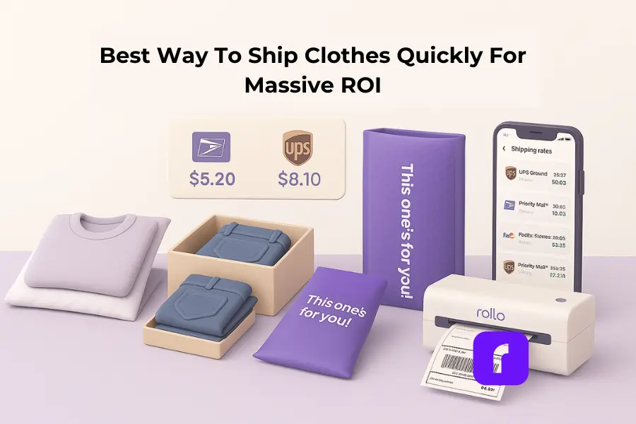 A minimalist 3D illustration in soft pastel colors showing the best way to ship clothes. The scene features a folded shirt in a poly mailer, jeans in a sturdy box, and jeans in a purple bubble mailer that reads “This one’s for you!” Next to the packages is a Rollo Wireless Printer printing a crisp 4×6 label, with a smartphone displaying USPS, UPS, and FedEx shipping rates. Above the setup, the title “Best Way To Ship Clothes Quickly For Massive ROI” is prominently displayed, alongside a floating panel comparing USPS and UPS costs.