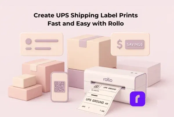 Minimalist 3D illustration in soft pastel tones featuring a Rollo wireless printer creating a UPS Ground shipping label, surrounded by stacked packages and floating panels showing address entry and savings, with the article title 'Create UPS Shipping Label Prints Fast and Easy with Rollo' at the top.