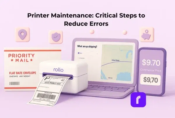 A minimalist 3D illustration in soft pastel tones shows a USPS Priority Mail Flat Rate Envelope, a Rollo Wireless Printer printing a crisp 4×6 shipping label, a laptop with the Rollo Ship dashboard displaying a U.S. shipping route, and a smartphone highlighting the $9.70 commercial price. Floating icons above represent tracking, insurance, and savings, with the article title “Flat Rate Envelope Tips That Transform Shipping” centered at the top.