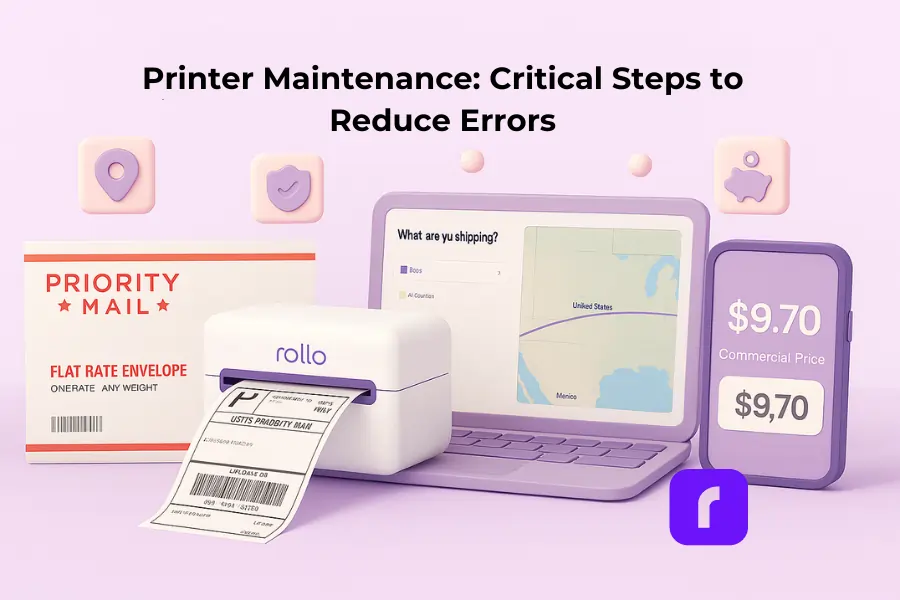 A minimalist 3D illustration in soft pastel tones shows a USPS Priority Mail Flat Rate Envelope, a Rollo Wireless Printer printing a crisp 4×6 shipping label, a laptop with the Rollo Ship dashboard displaying a U.S. shipping route, and a smartphone highlighting the $9.70 commercial price. Floating icons above represent tracking, insurance, and savings, with the article title “Flat Rate Envelope Tips That Transform Shipping” centered at the top.